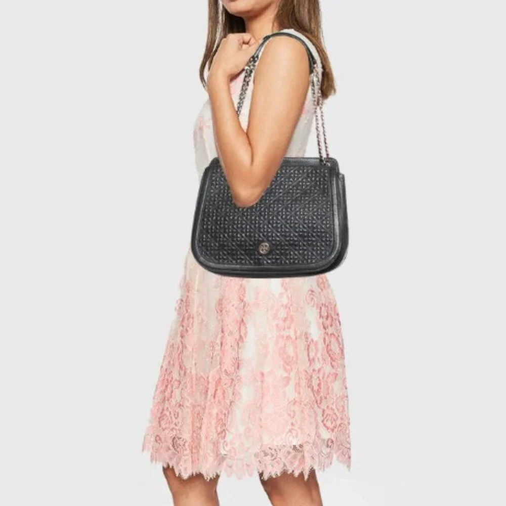 Tory Burch Bryant Quilted Convertible Shoulder Bag in Black Pebbled Leather